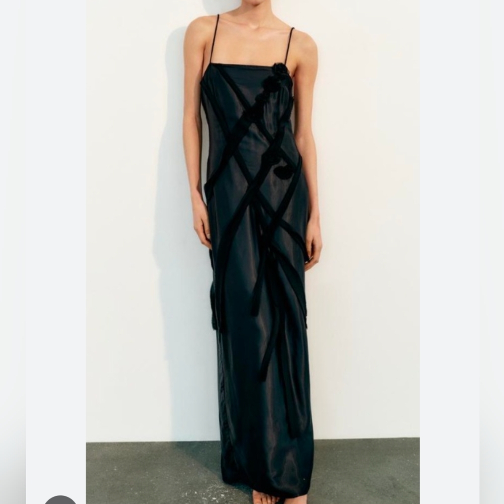 ZARA floral Satin strappy slip dress Black M NWT - Picture 3 of 4